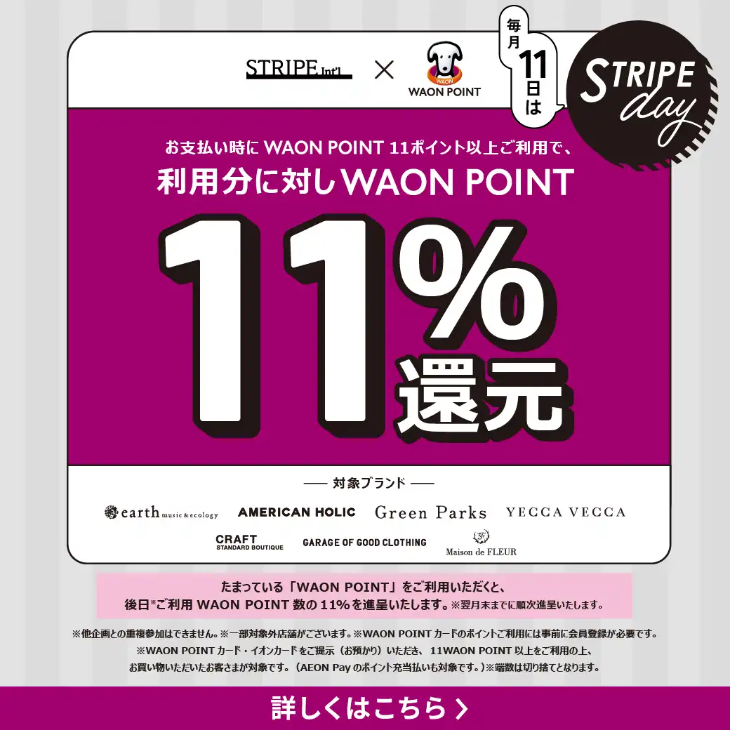 【毎月11日ストライプデー限定】WAON POINT11％ポイントバック！