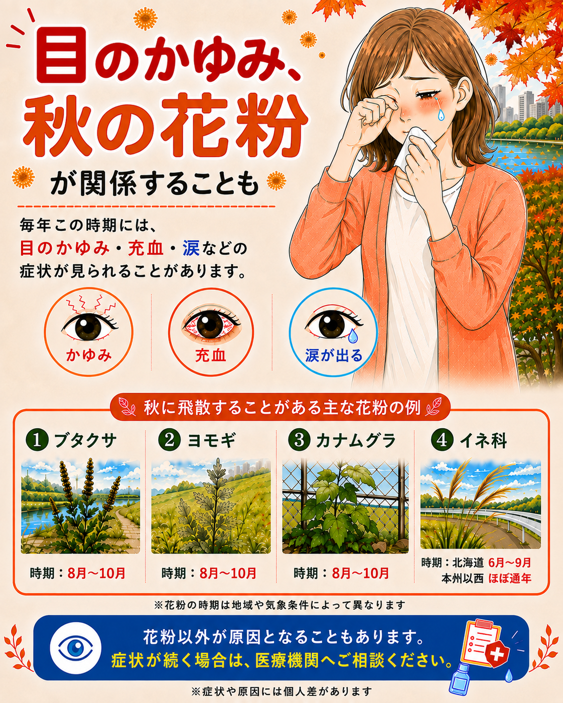 ながくて眼科 秋の花粉症に注意