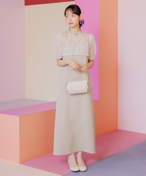 フラワー刺繍キーネックボレロ＆ラインキャミドレスセット