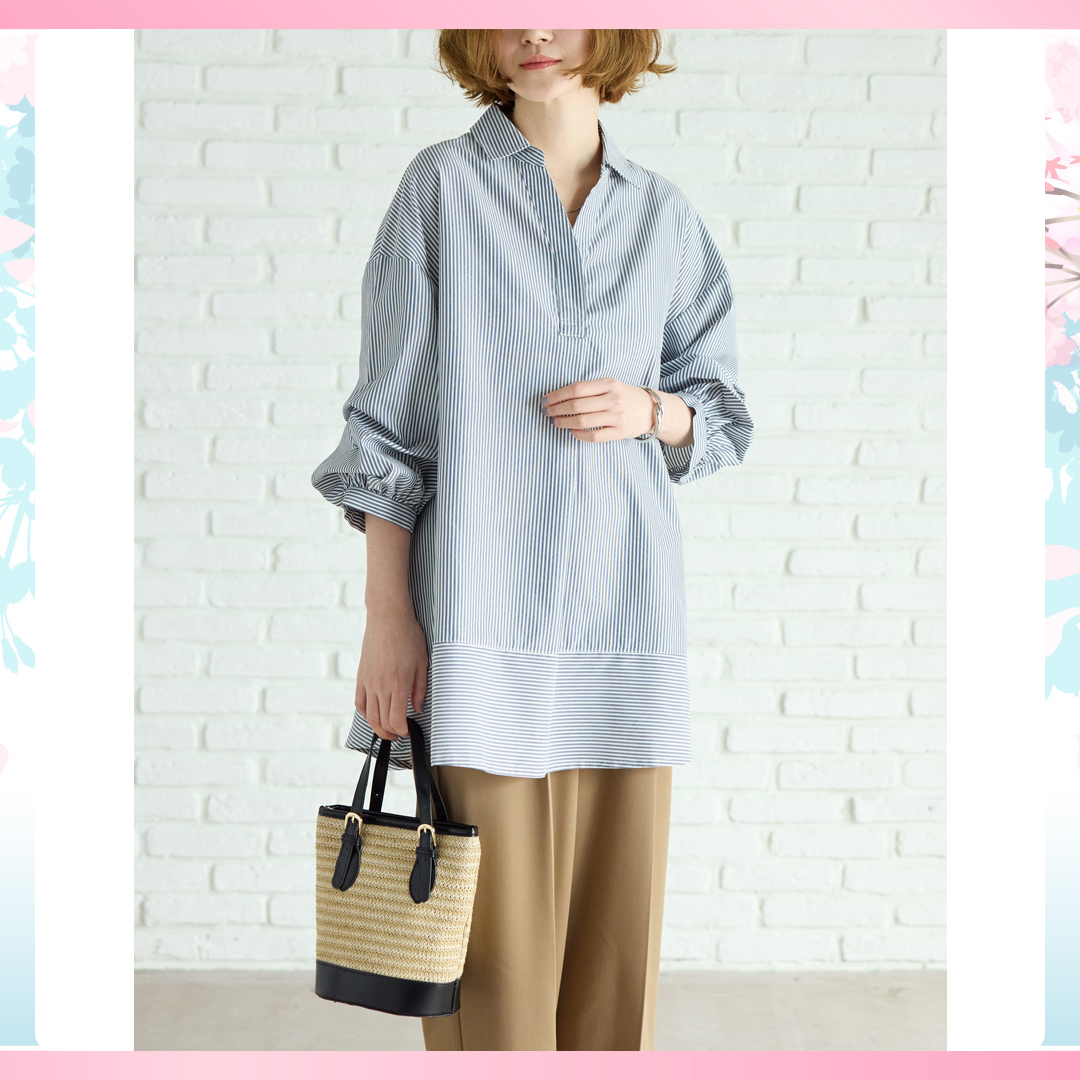 麻調素材袖タックデザインシャツチュニック