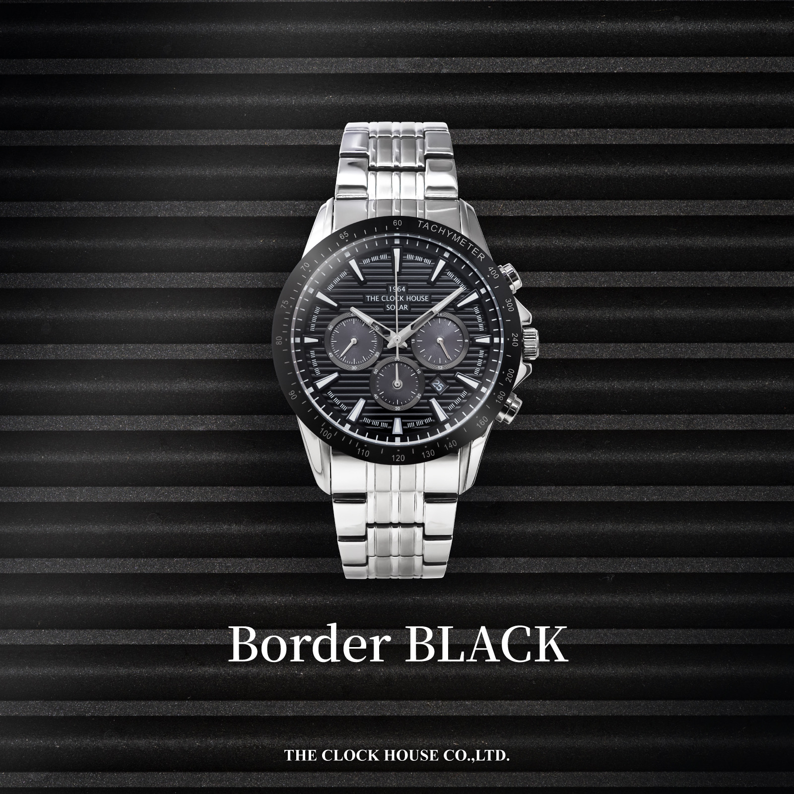 THE CLOCK HOUSEよりブラック文字盤にボーダー仕上げを施したソーラークロノグラフ登場