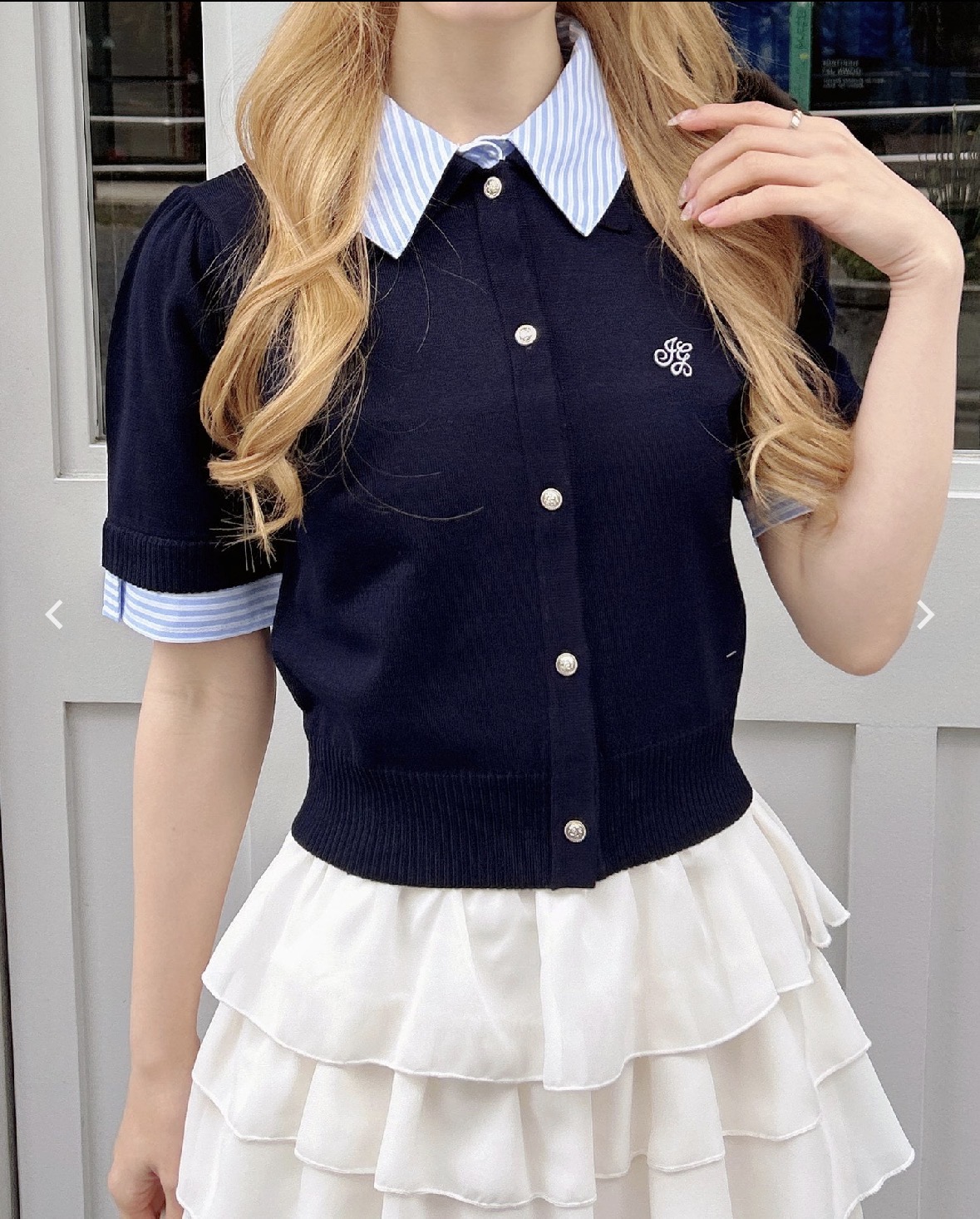 12G Wカラー配色半袖ポロニット