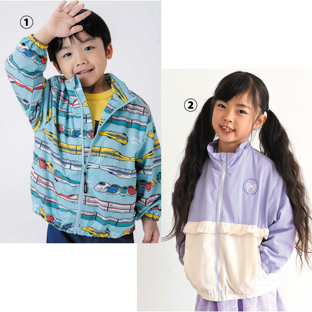 ①男児 ソウガラウインドブレーカー ②女児 キリカエジャケット