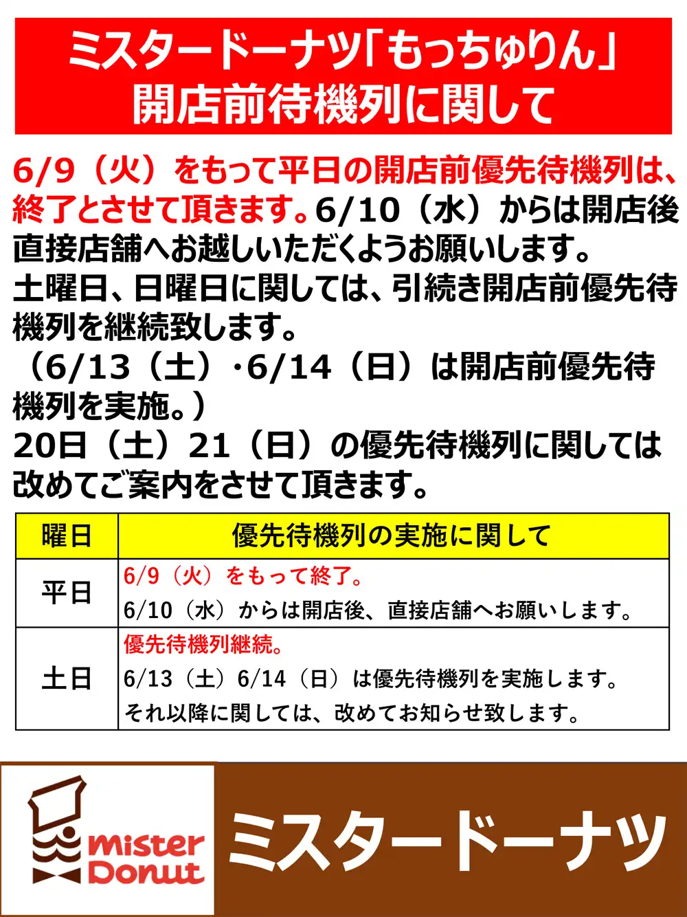 「もっちゅりん」平日の開店前待機列終了のお知らせ