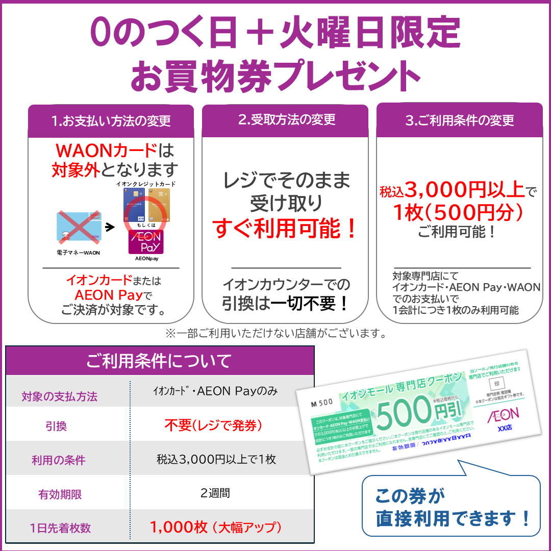 0のつく日＋火曜日限定　お買物券プレゼント　