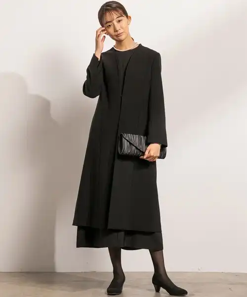 【喪服・礼服】ノーカラーブラックフォーマルロングジャケット