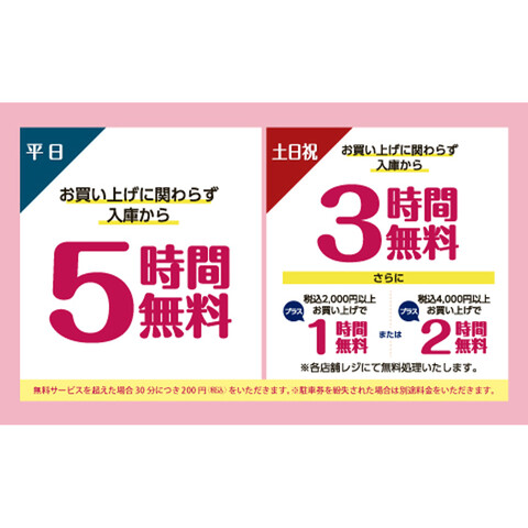 平日は駐車場がお買上げに関わらず5時間無料!