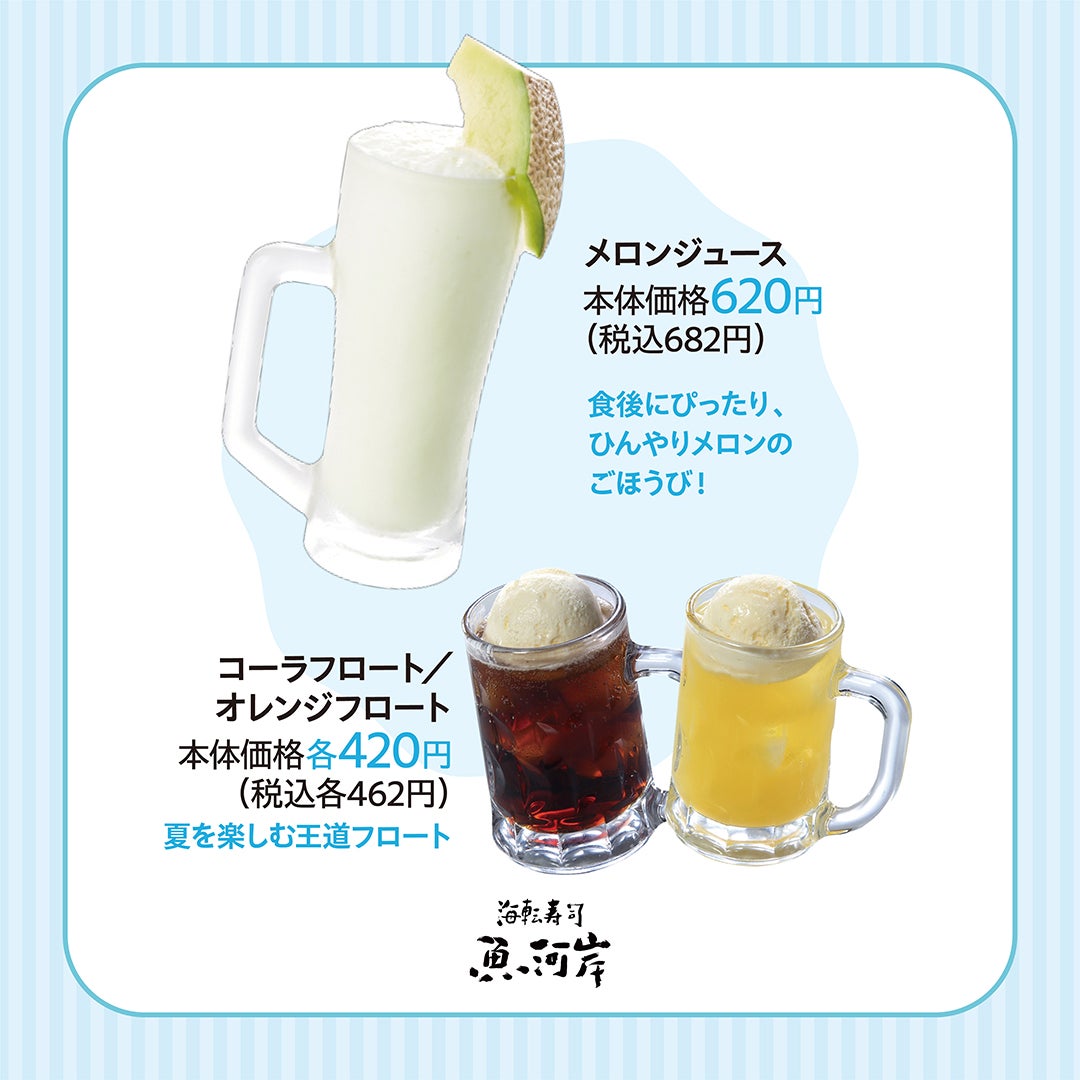 メロンジュース 本体価格620円(税込682円) コーラフロート/オレンジフロート 本体価格 各420円(税込 各462円)