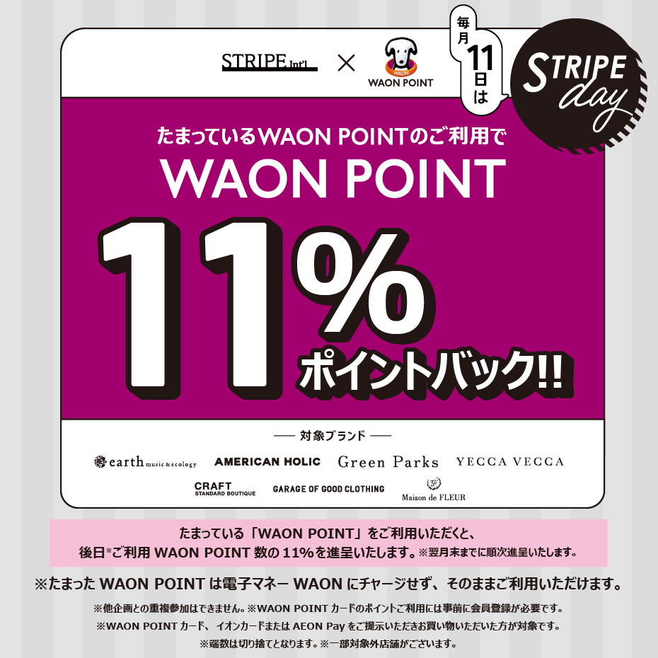 【毎月11日ストライプデー限定】WAON POINT11％ポイントバック！
