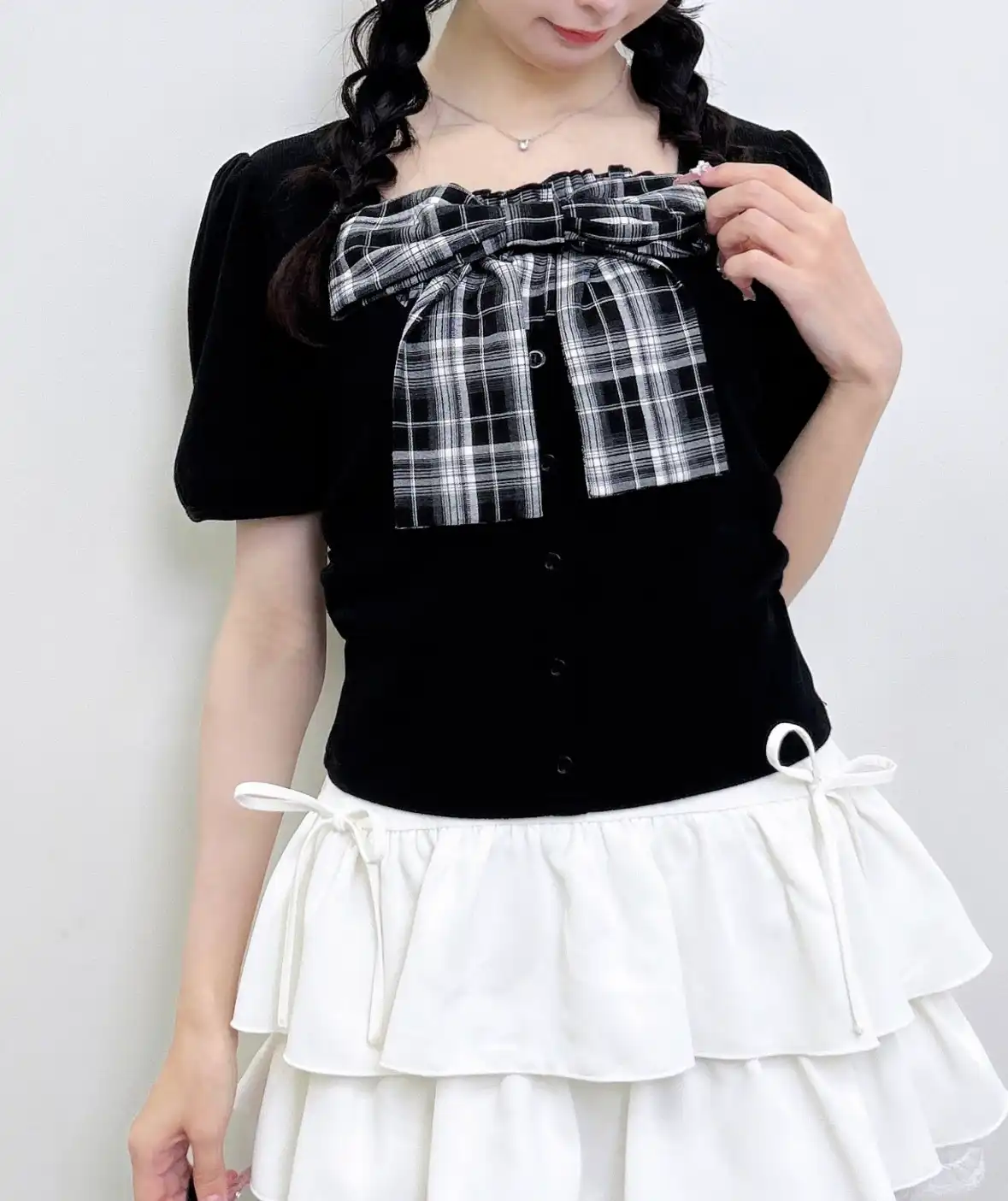 チェックリボンレイヤード風リブTOPs