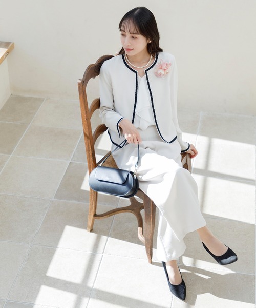 ノーカラーツイードジャケット＆ワイドパンツ セットアップスーツ