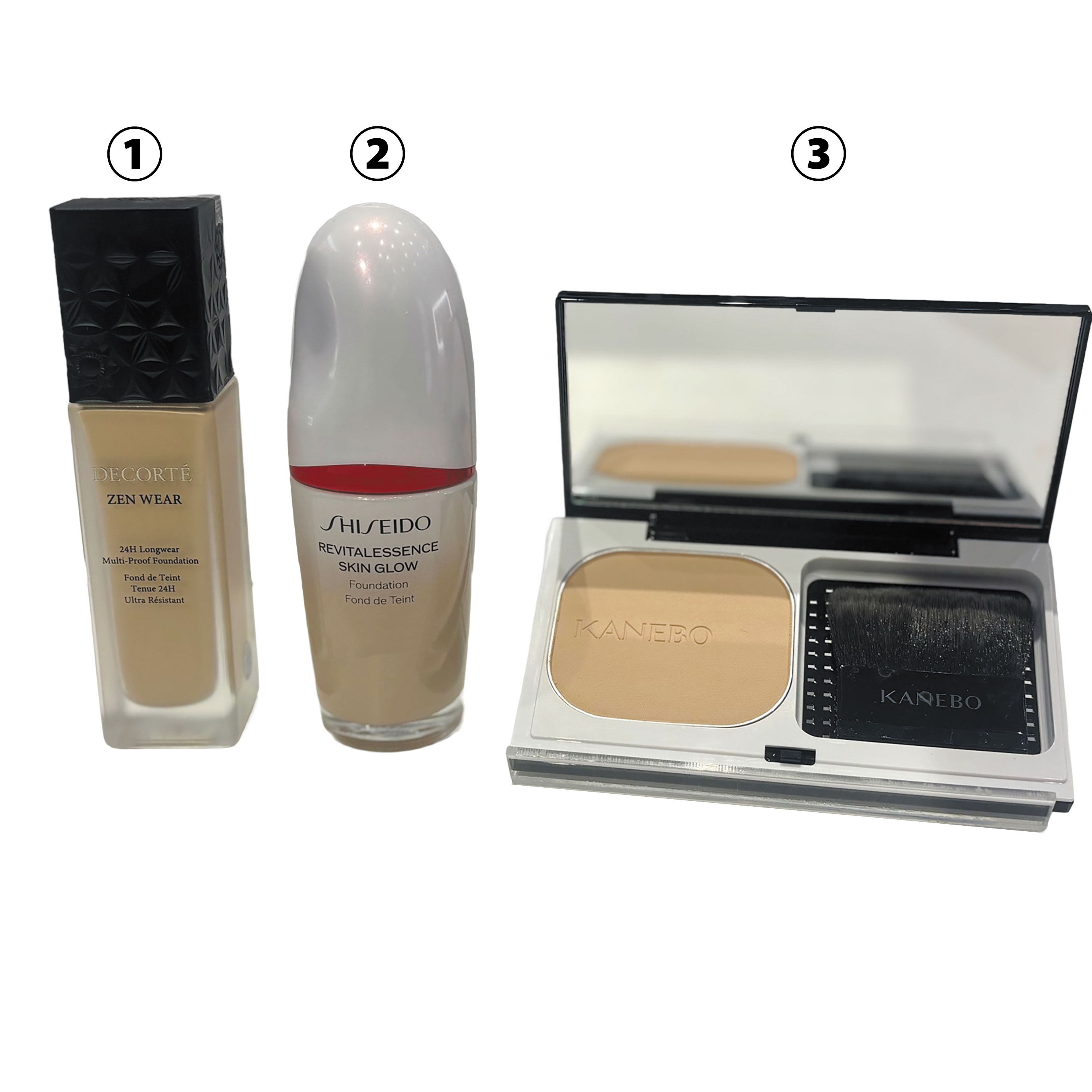 ①DECORTE ゼンウェアスティ ②SHISEIDO エッセンススキングロウファンデーション ③KANEBO メルティフィールウェアⅡ