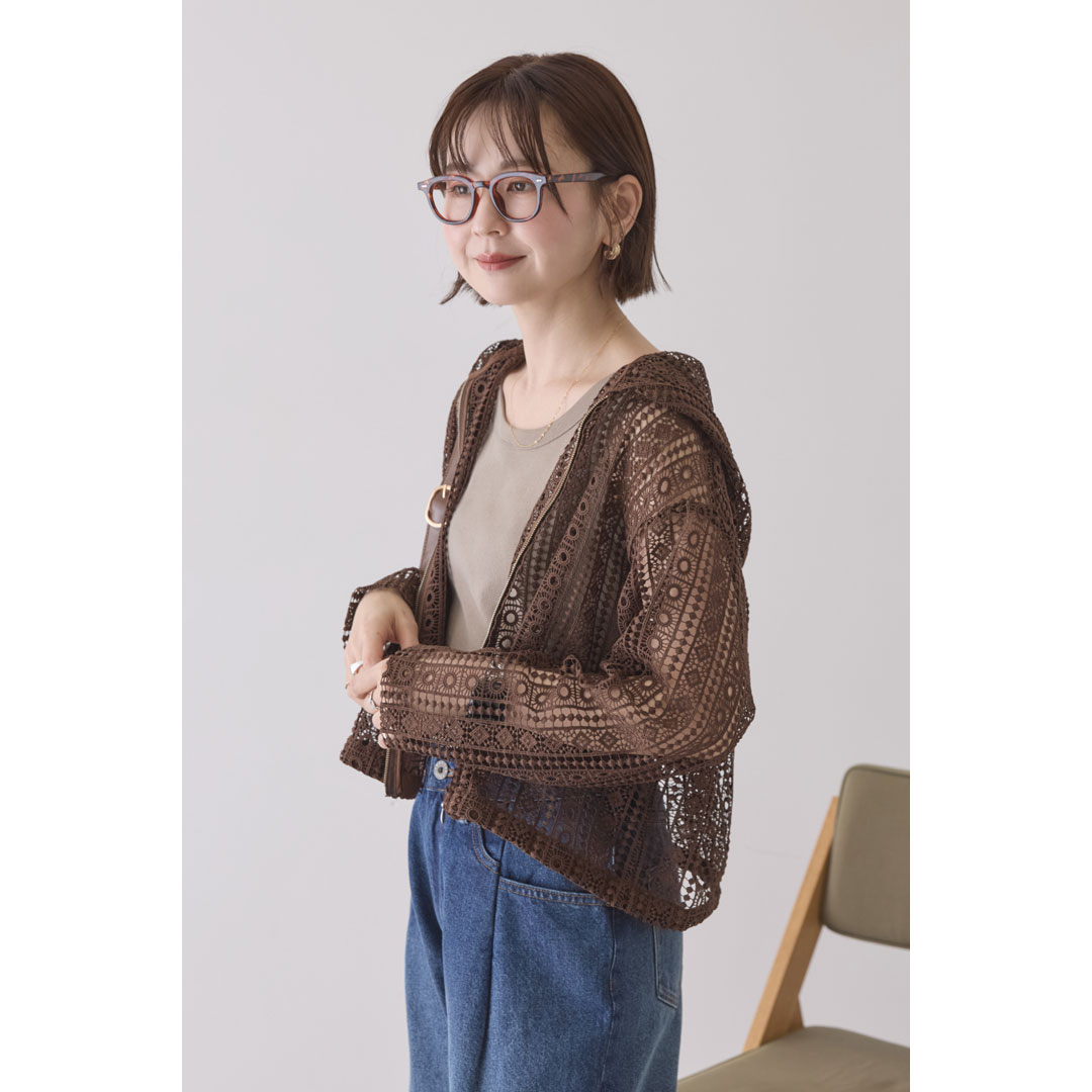 幾何学レースフードシャツ