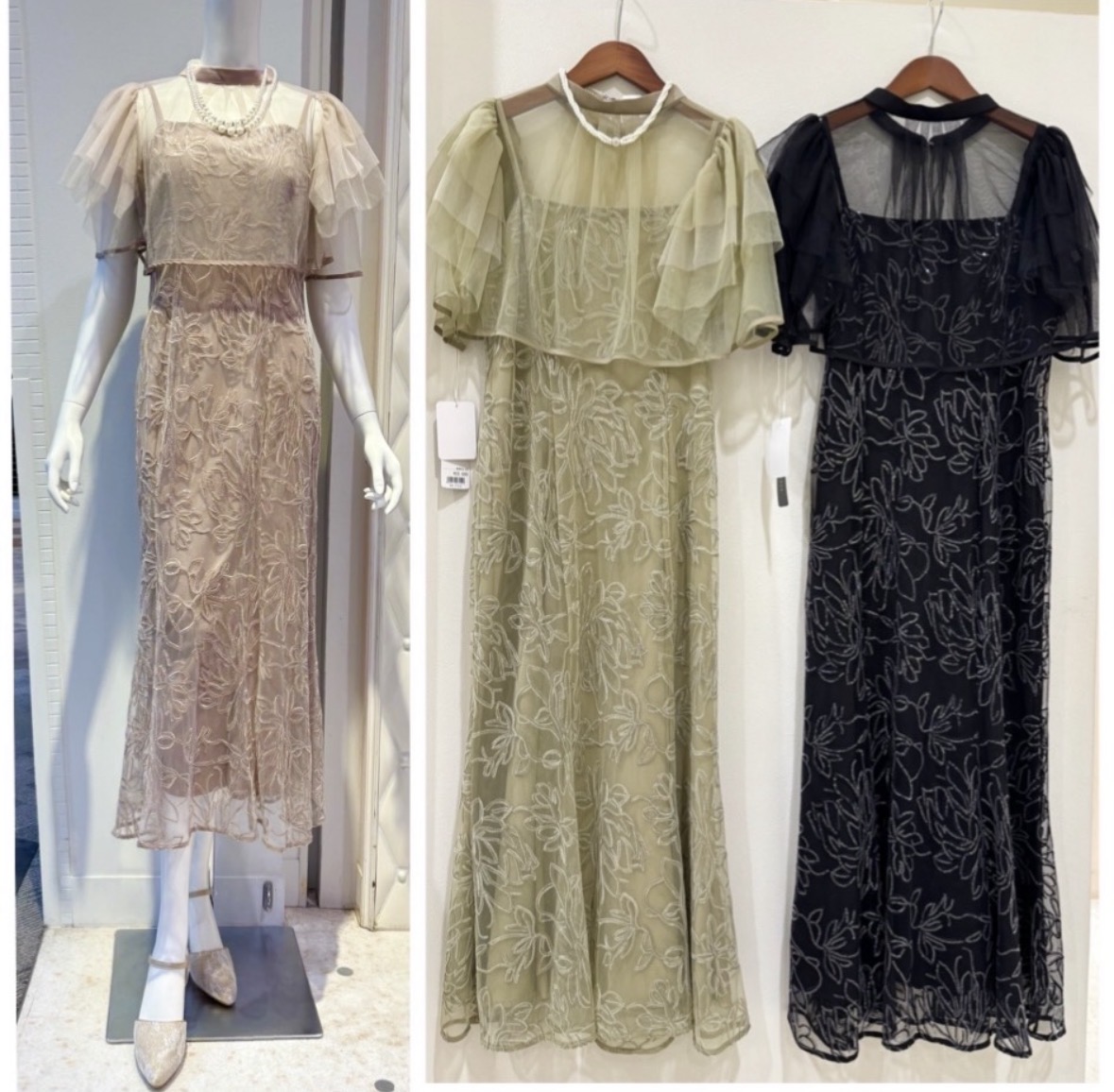 繊細なフラワー刺繍が華やかなシアードレス。