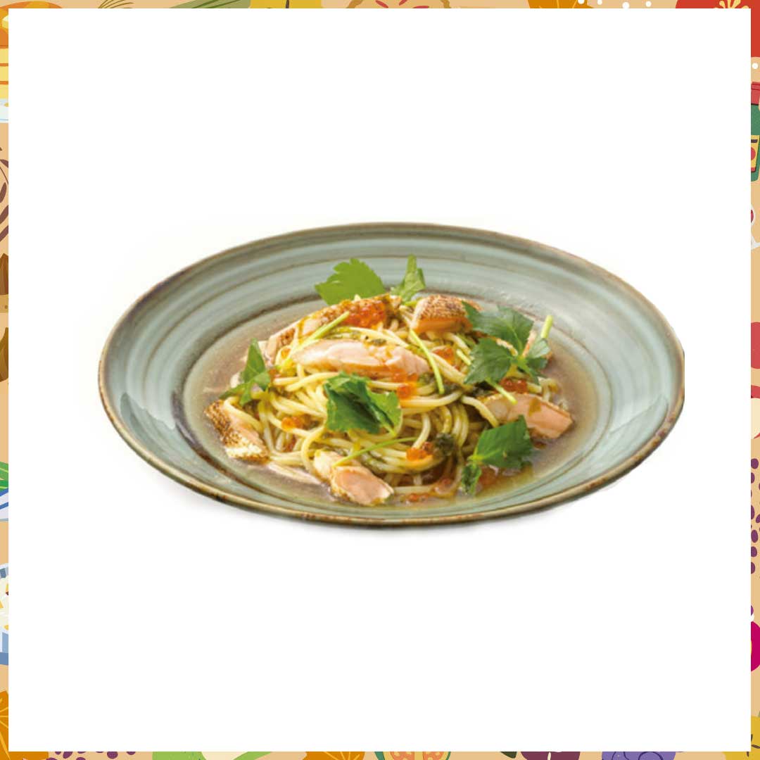 炙りとろサーモンといくらの親子おだしパスタ