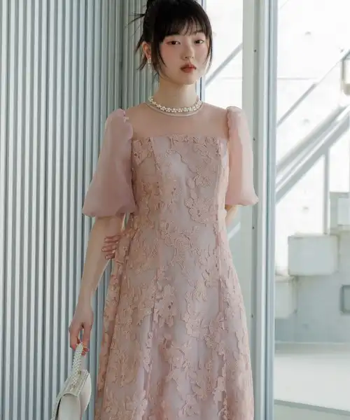 ラメフラワー刺繍×パフスリーブドレス/パーティードレス/結婚式/パーティー/お呼ばれ