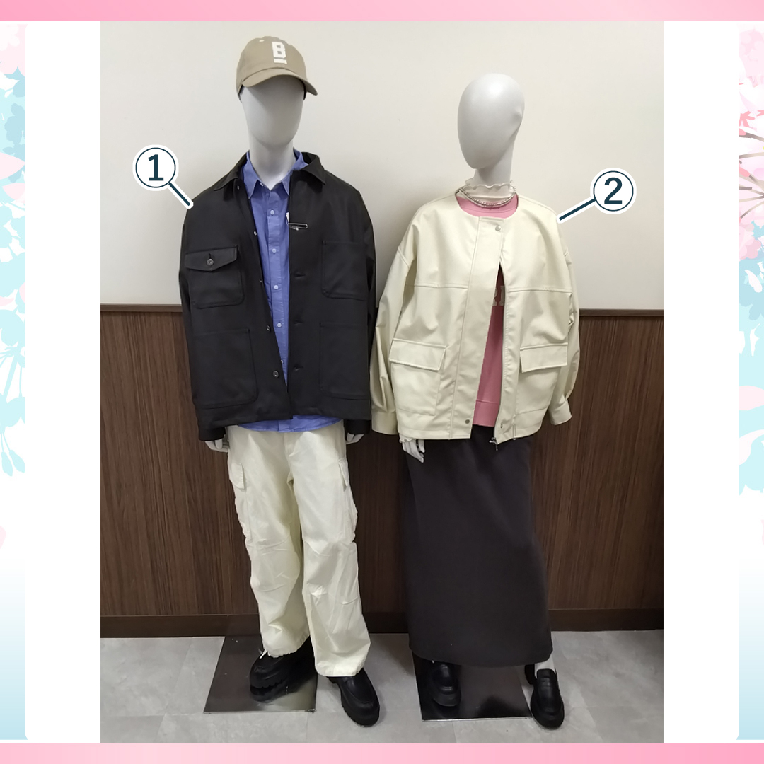 (1)フェイクレザーカバーオール／(2)フェイクレザーノーカラージャケット