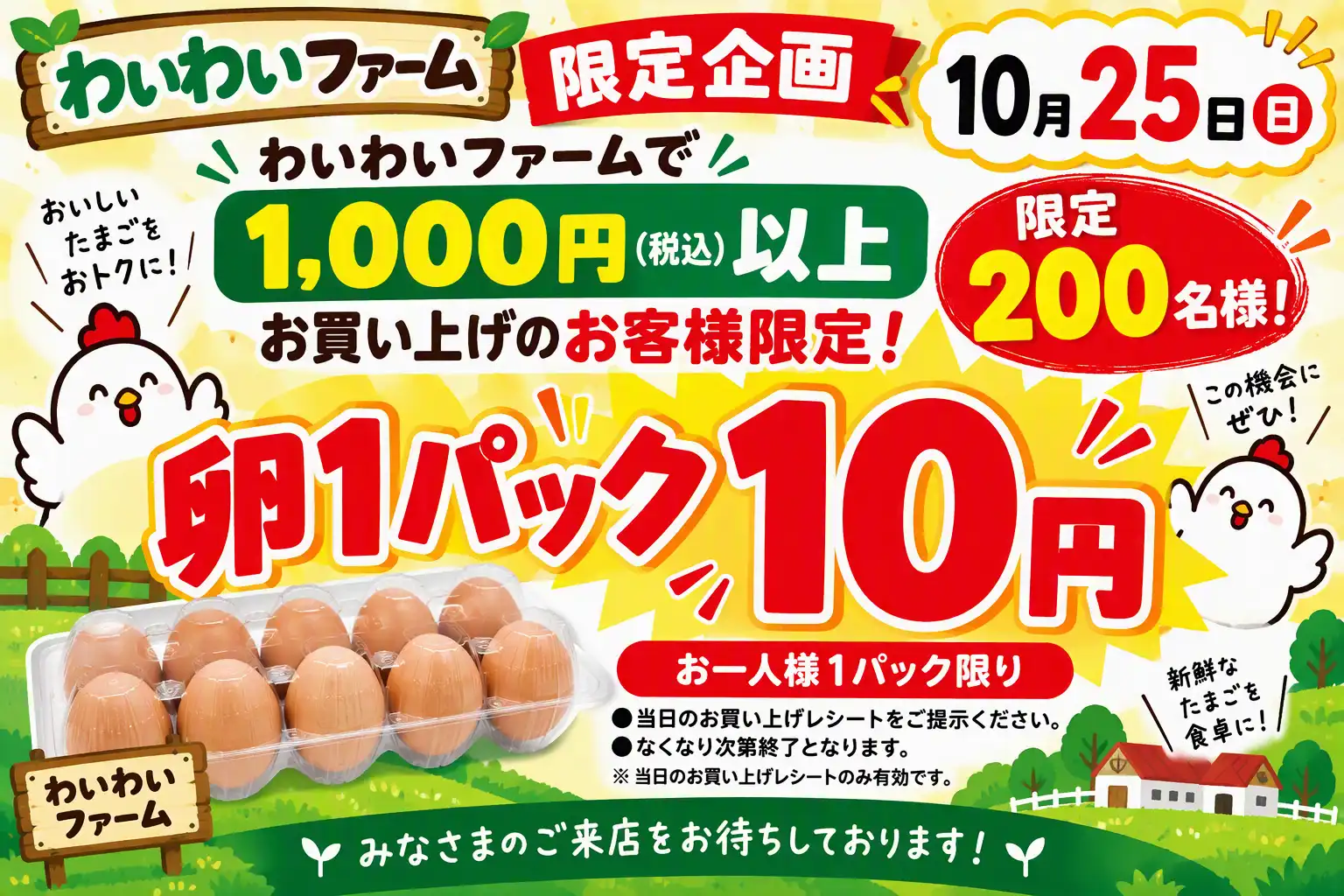 200名さま限定！税込1,000円以上お買上げで卵1パック10円！