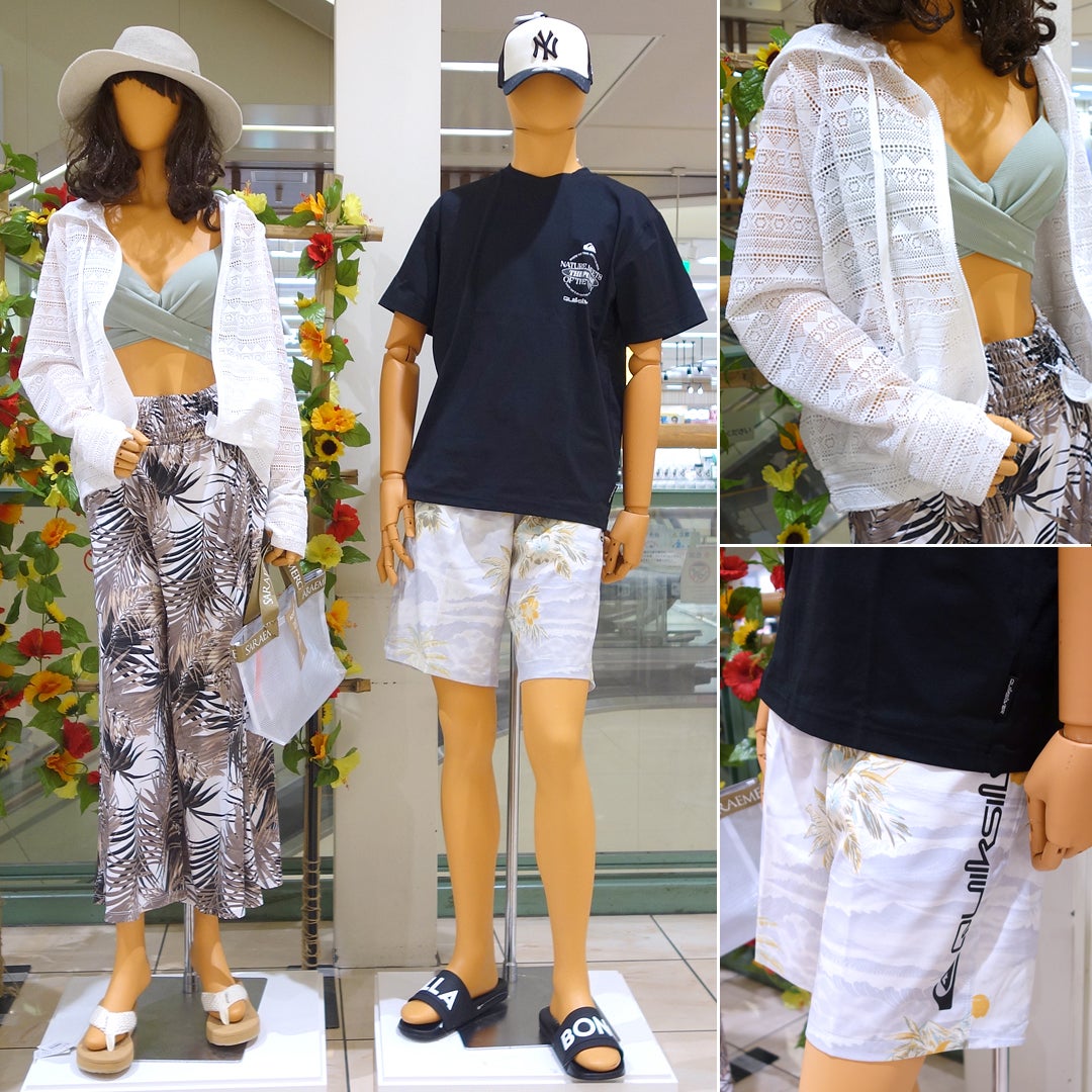 【メンズ】Quiksilver 水陸両用Tシャツ 税込4,070円 ／ Quiksilver 水陸両用ショーツ 税込7,590円 ほか 【レディス】Beach Queen レースラッシュ 税込7,590円 ／ Beach Queen パンツ 税込8,690円 ほか