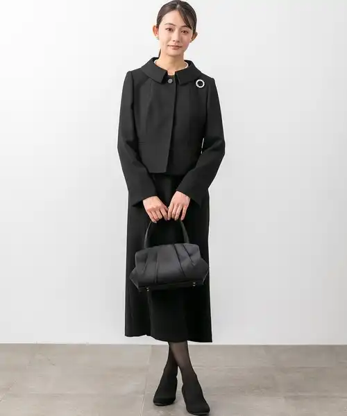 ステンカラージャケット＆タイトロングワンピース　ブラックフォーマルセットアップスーツ【前ファスナー】