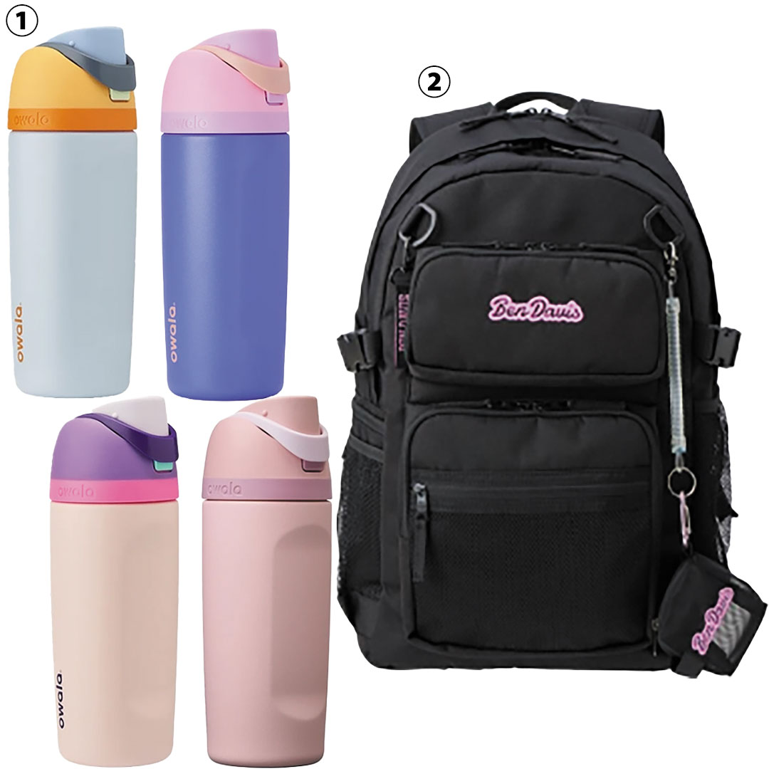 ①owala FreeSip ウォーターボトル 16oz ②別注BEN DAVIS バックパック 