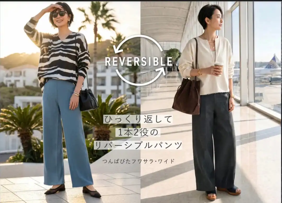 旅をもっと軽やかに。 一枚で着こなしが広がる、リバーシブルワイドパンツ。