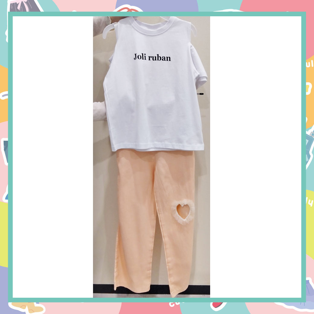 肩あき　フリルシャツ/デニム　フリルハートパンツ