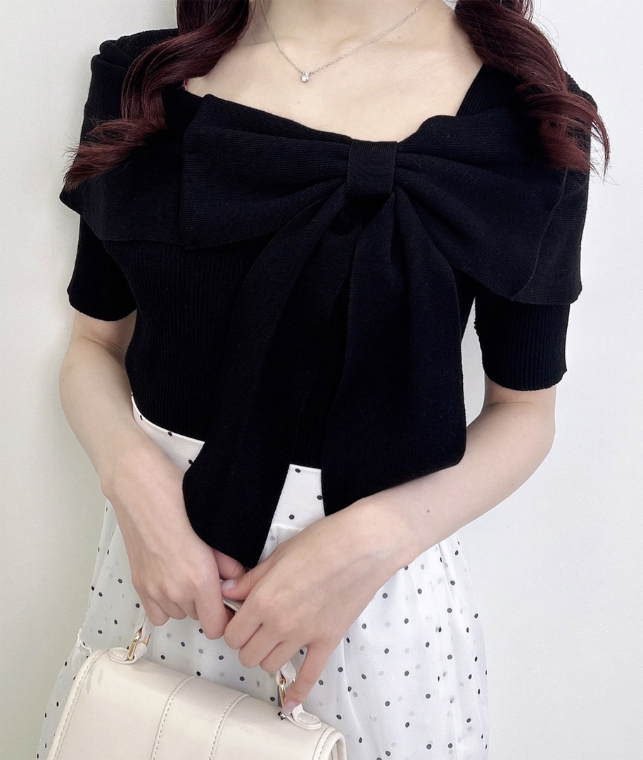 リボンオフショル半袖ニット