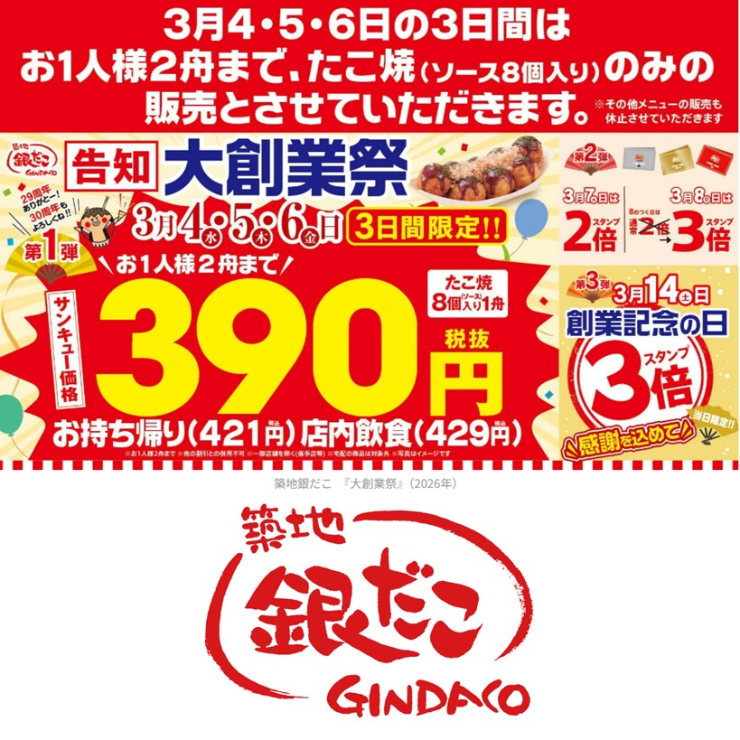 【年に一度の大創業祭開催！感謝を込めた サンキュー価格（税抜390円）でご提供！】銀だこ『大創業祭』3/4（水）より開催！