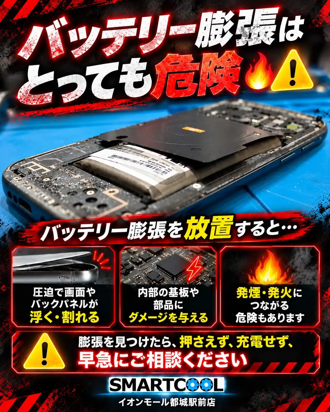 バッテリー膨張はすぐご連絡を！