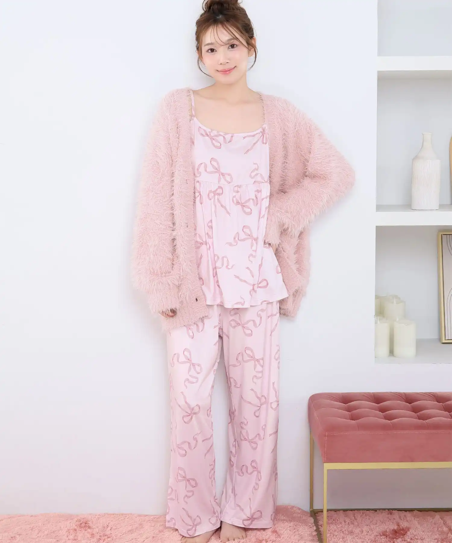 リボン柄キャミソールシャギーニットカーディガン付き長袖3点セット