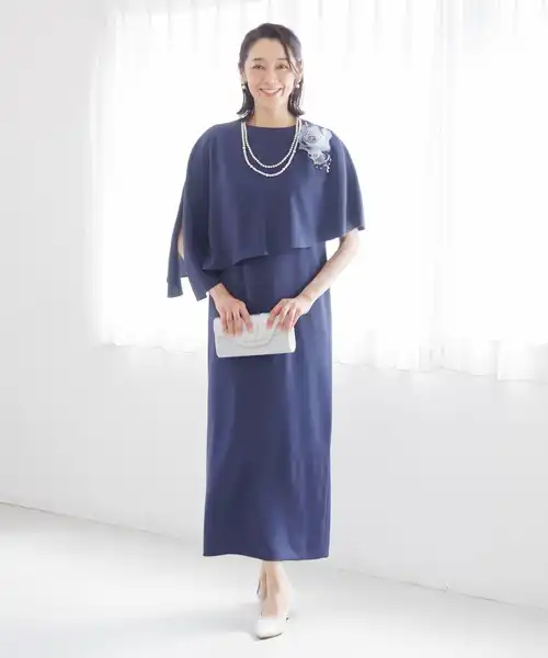 【マザードレス】form formaオリジナル/アシメケープ×Iラインロングドレス/国内サテン素材/ナチュラルストレッチ/結婚式/パーティー/クルージング/発表会