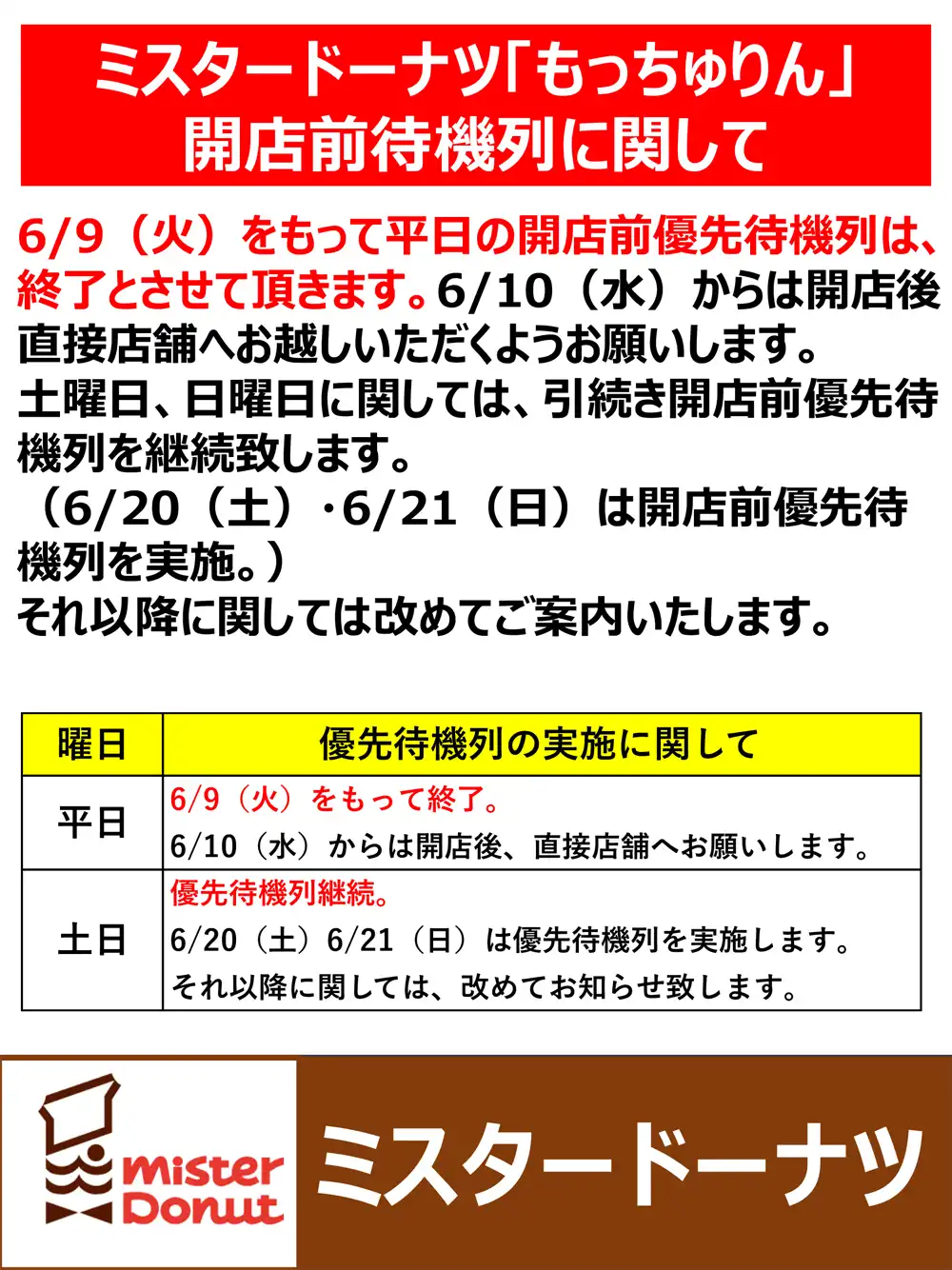 「もっちゅりん」平日の開店前待機列終了のお知らせ