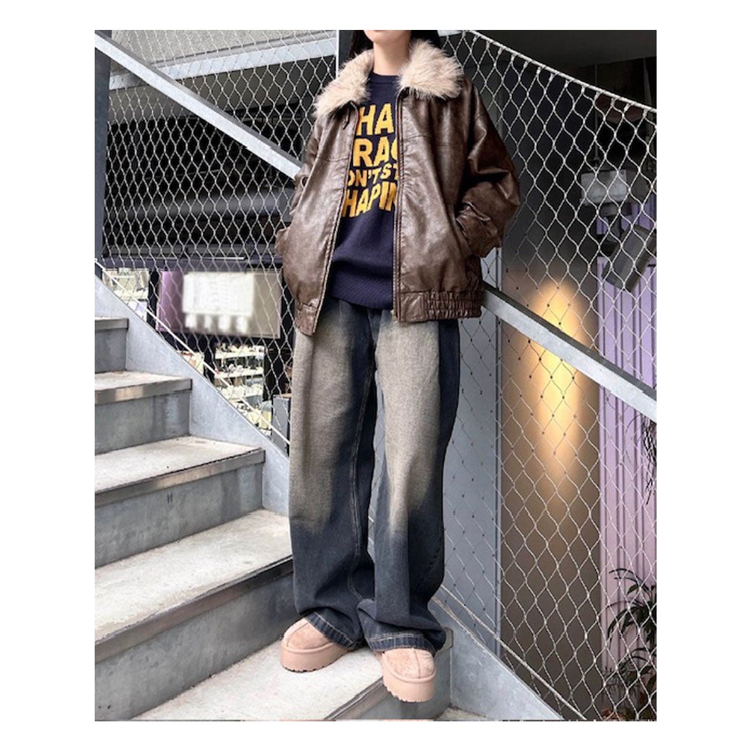 ファーティペット付フェイクレザーBIGブルゾン/4段ロゴチェックニット/デニムカーブパンツ/厚底フェイクムートンサンダル