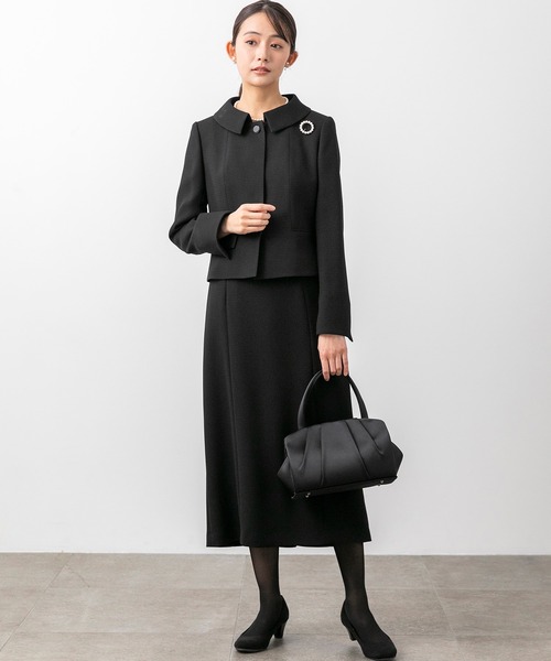 【前ファスナー】ステンカラージャケット＆タイトロングワンピース　ブラックフォーマルセットアップスーツ