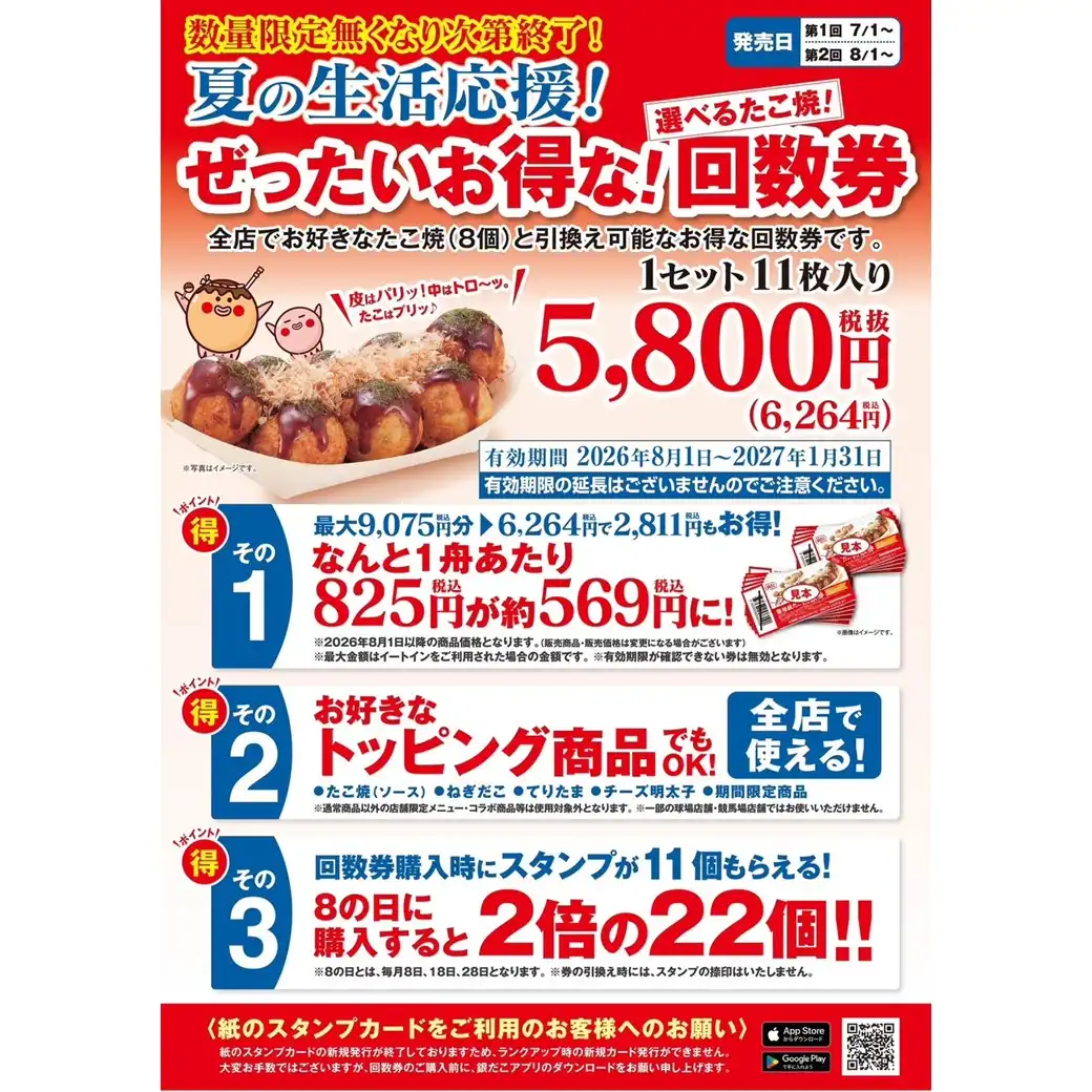 【7/1～数量限定！『夏の回数券』発売決定】築地銀だこ “ぜったいお得な” 「夏の回数券」、PayPayクーポンを取得して購入すると、『超』 お得！！ ～ 夏の生活応援！回数券 × PayPay × 銀だこスタンプで、お得に夏を楽しもう！～