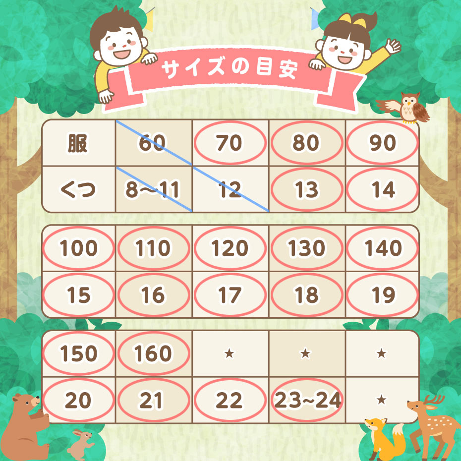キッズファッション＜サイズ表＞