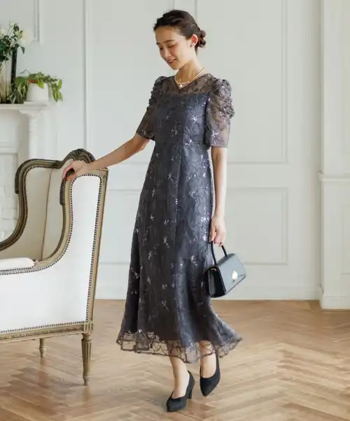 スパンコール刺繍レース ワンピースドレス