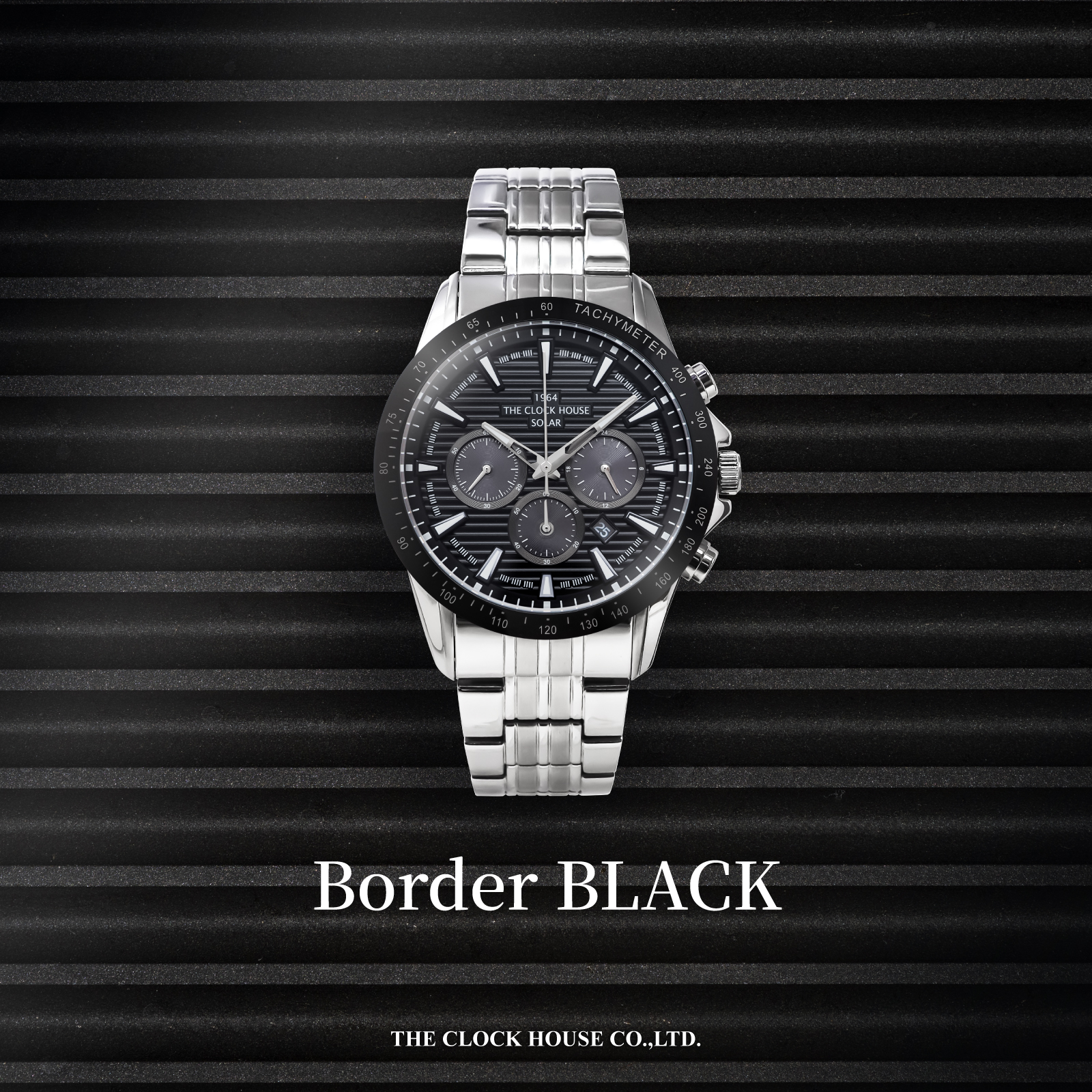 THE CLOCK HOUSEよりブラック文字盤にボーダー仕上げを施したソーラークロノグラフ登場