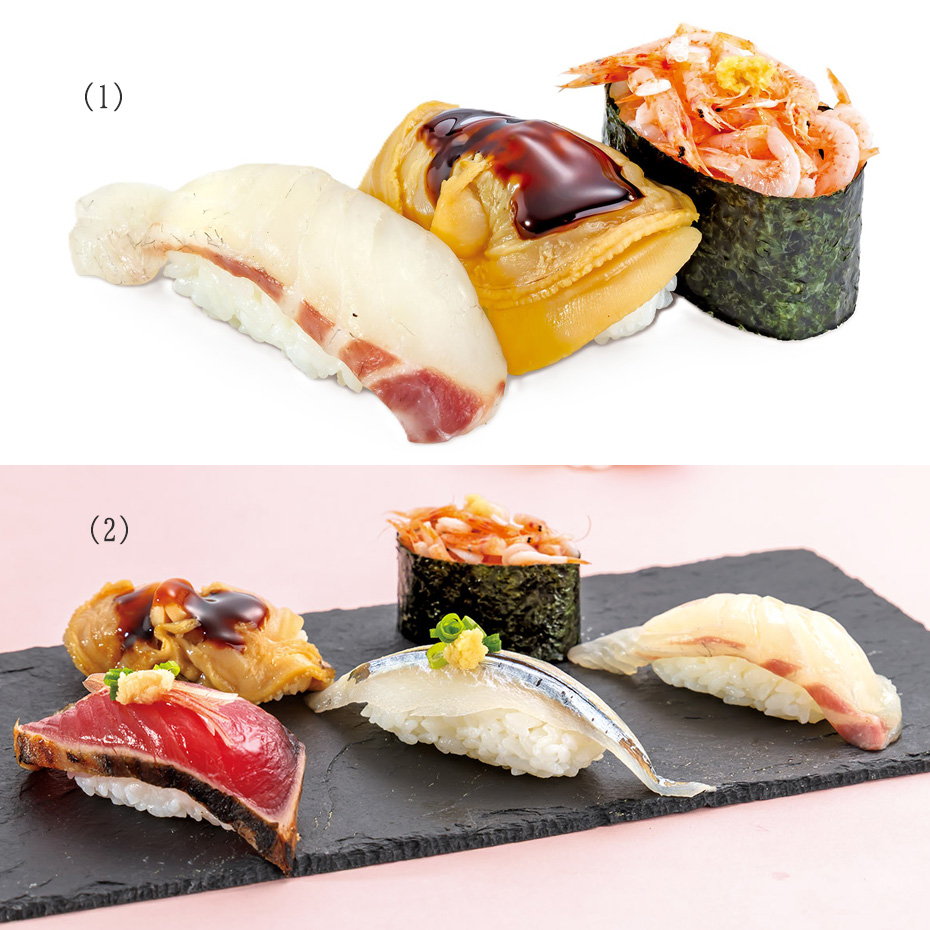 (1)春三昧 (2)春の五貫盛り