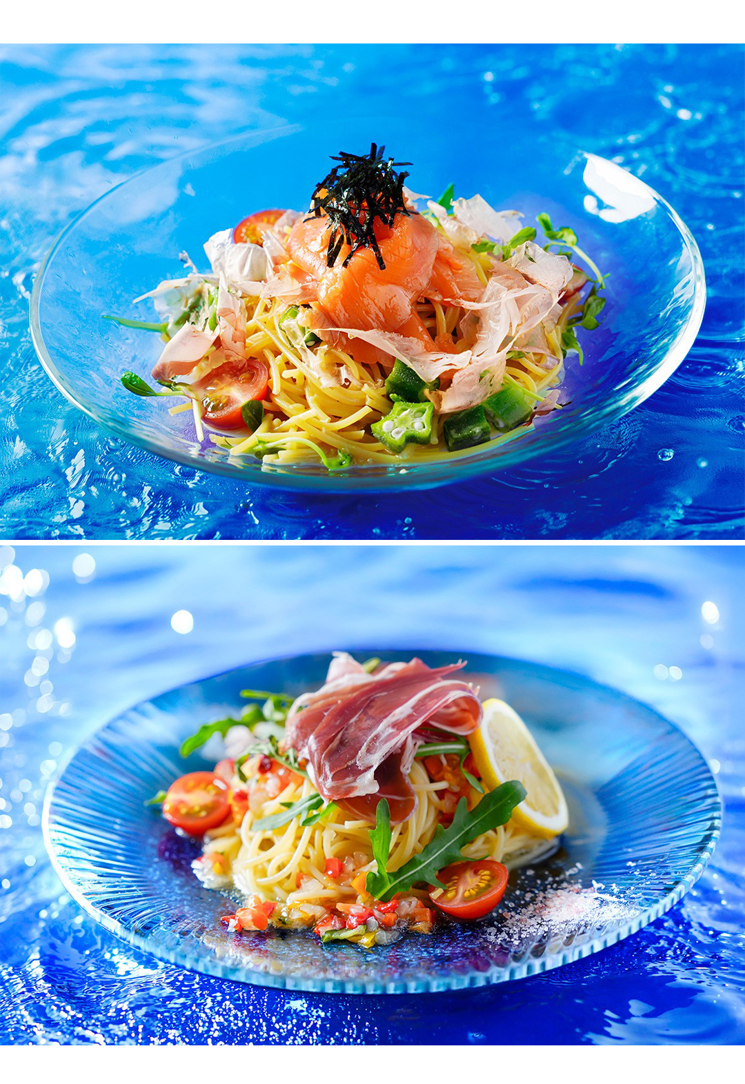 (1)スモークサーモンとオクラの和風冷製パスタ　わさびぽん酢仕立て (2)生ハムとルッコラと夏野菜の塩レモン冷製パスタ　ヒマラヤ岩塩を添えて