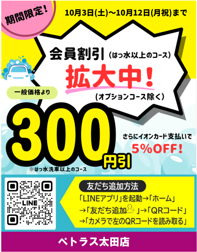 ペトラス 洗車機利用料金３００円引き企画