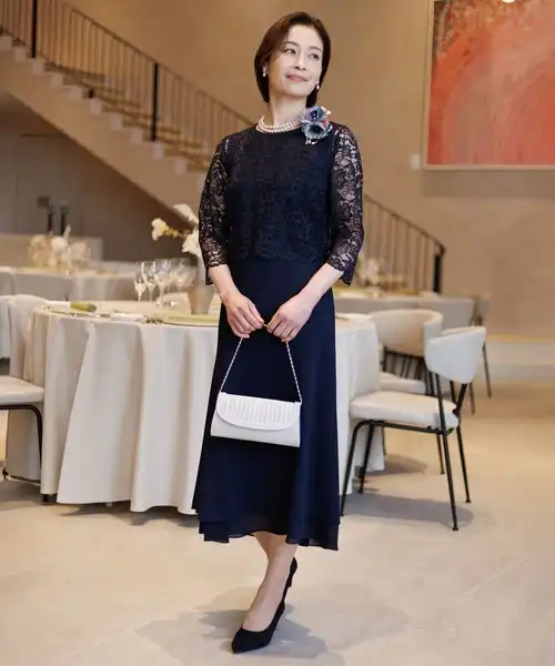 【洗える】レースブラウス×ティアードドレス/結婚式/パーティー/お呼ばれ/ミセスドレス/顔合わせ/食事会