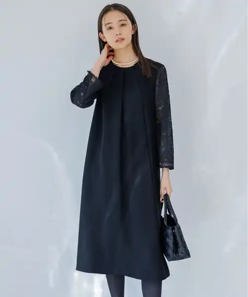 【喪服・礼服】【洗える】【慶弔両用】/レース袖のブラックフォーマルワンピース