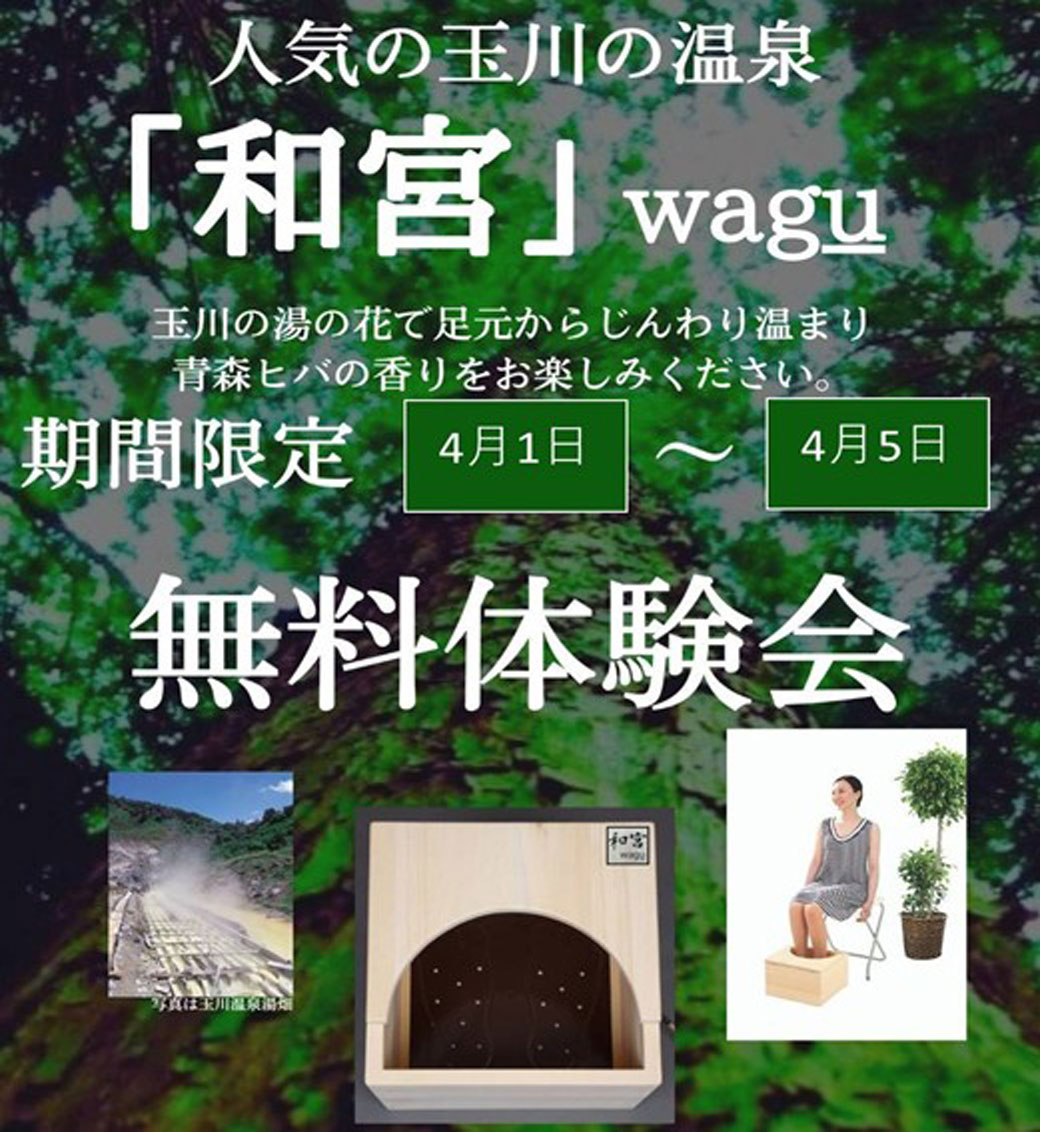 岩盤足浴「和宮」wagu 水なし足湯　秋田玉川温泉 ヒマワリ通商＞秋田・玉川温泉 岩盤足浴(和宮)特別販売会 - 京成百貨店